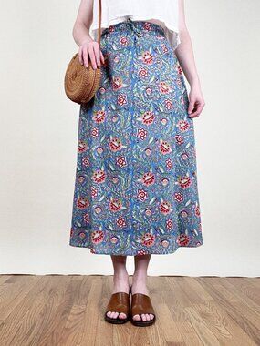 Vintage 70s Block Print Long Midi Maxi Skirt High Rise Bohemian Floral 70's Boho